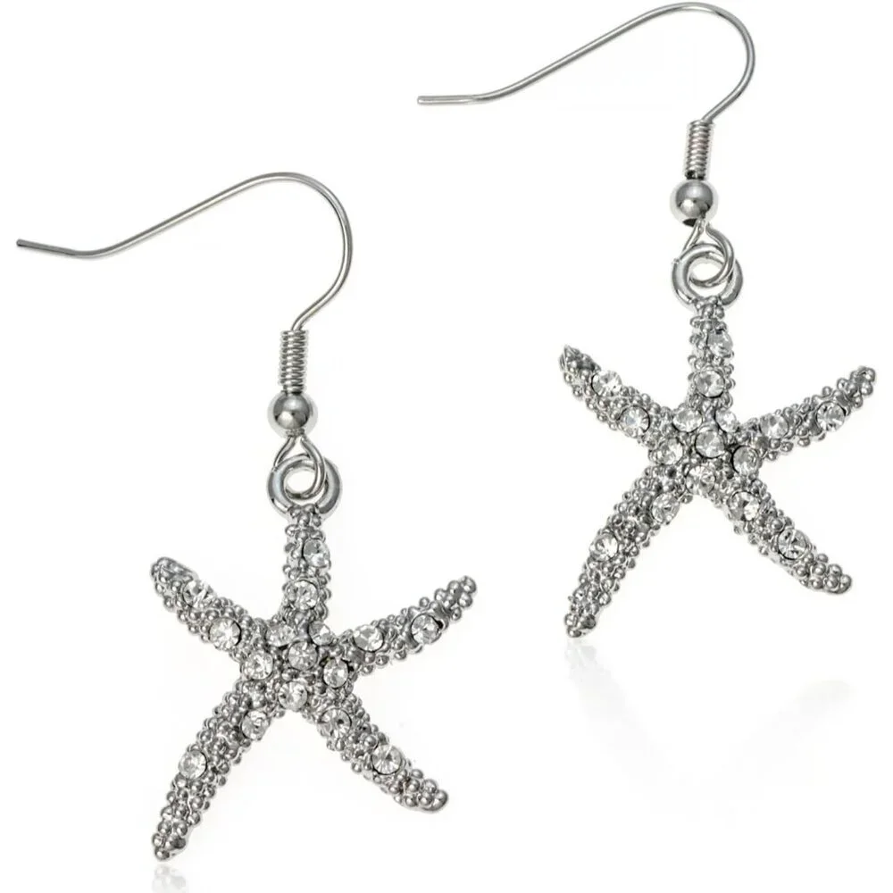 Women's Silver Starfish 1.25 Inches Clear Crystal Dangle Glass Base Earrings